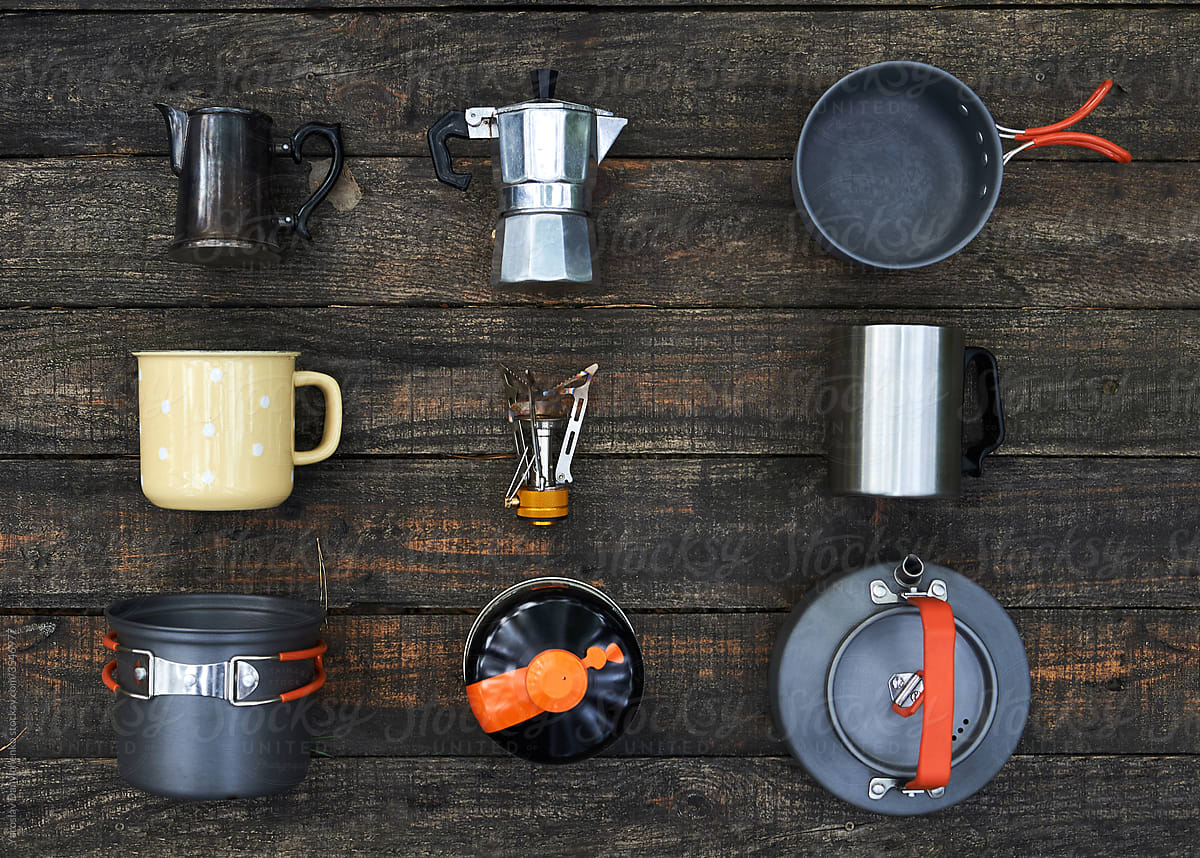 Set of camping cookware for cooking food.