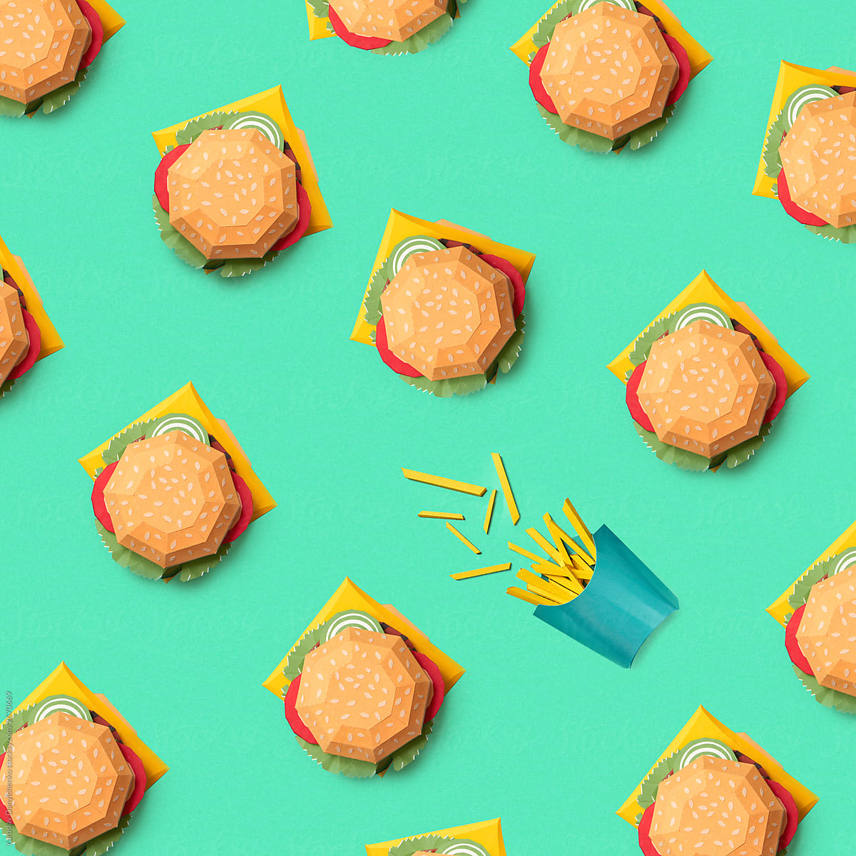 Paper craft french fries amidst burgers