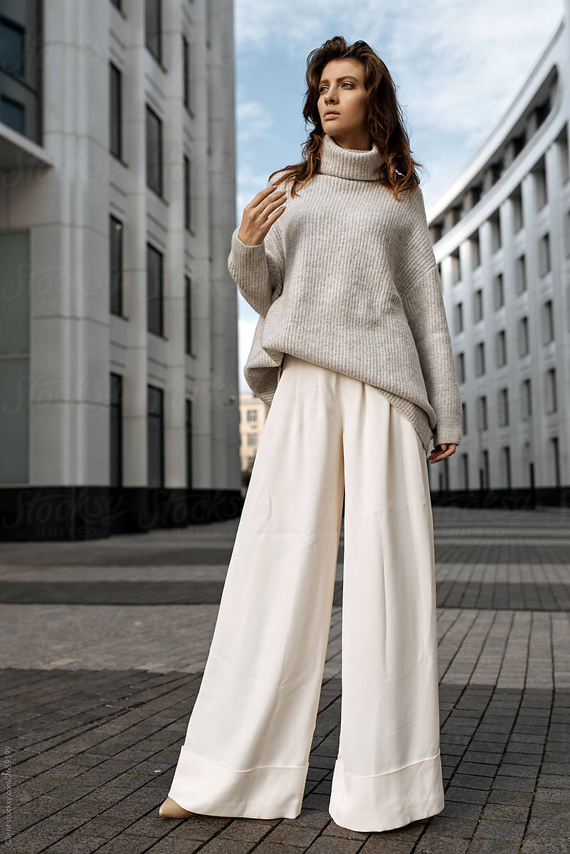 Beautiful Model In Oversized Sweater And Wide Leg Pants by