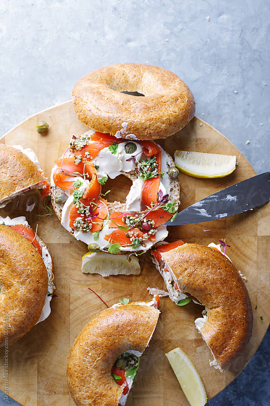 Bagels with cream cheese and salmon. Seen from above.