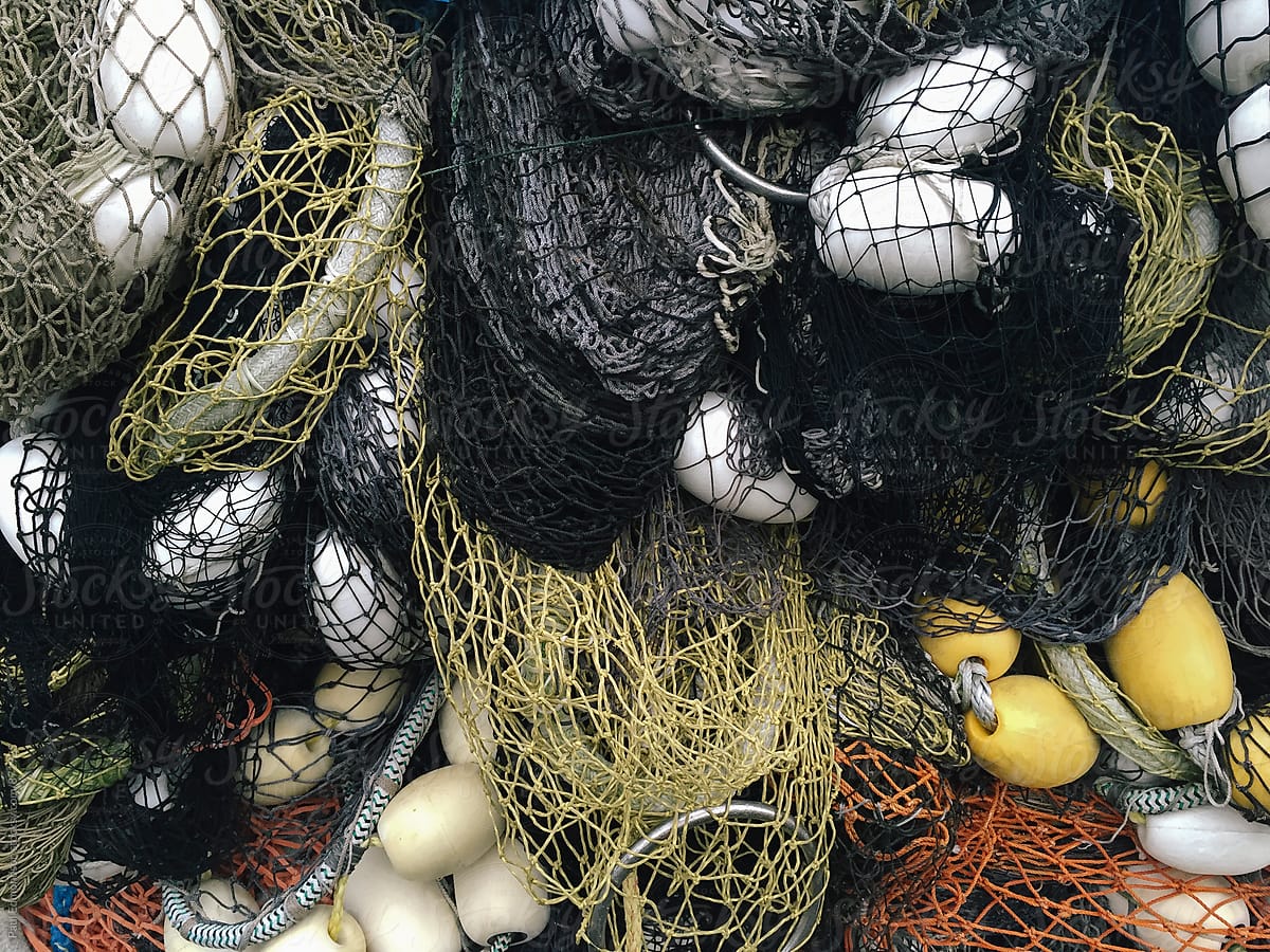 Close up of piles of commercial fishing nets
