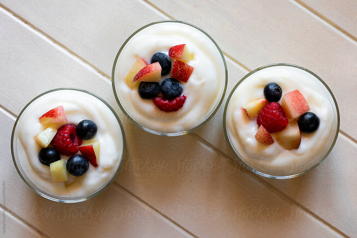 Greek yoghurt with fruit, berries peach nectarine raspberry blueberry