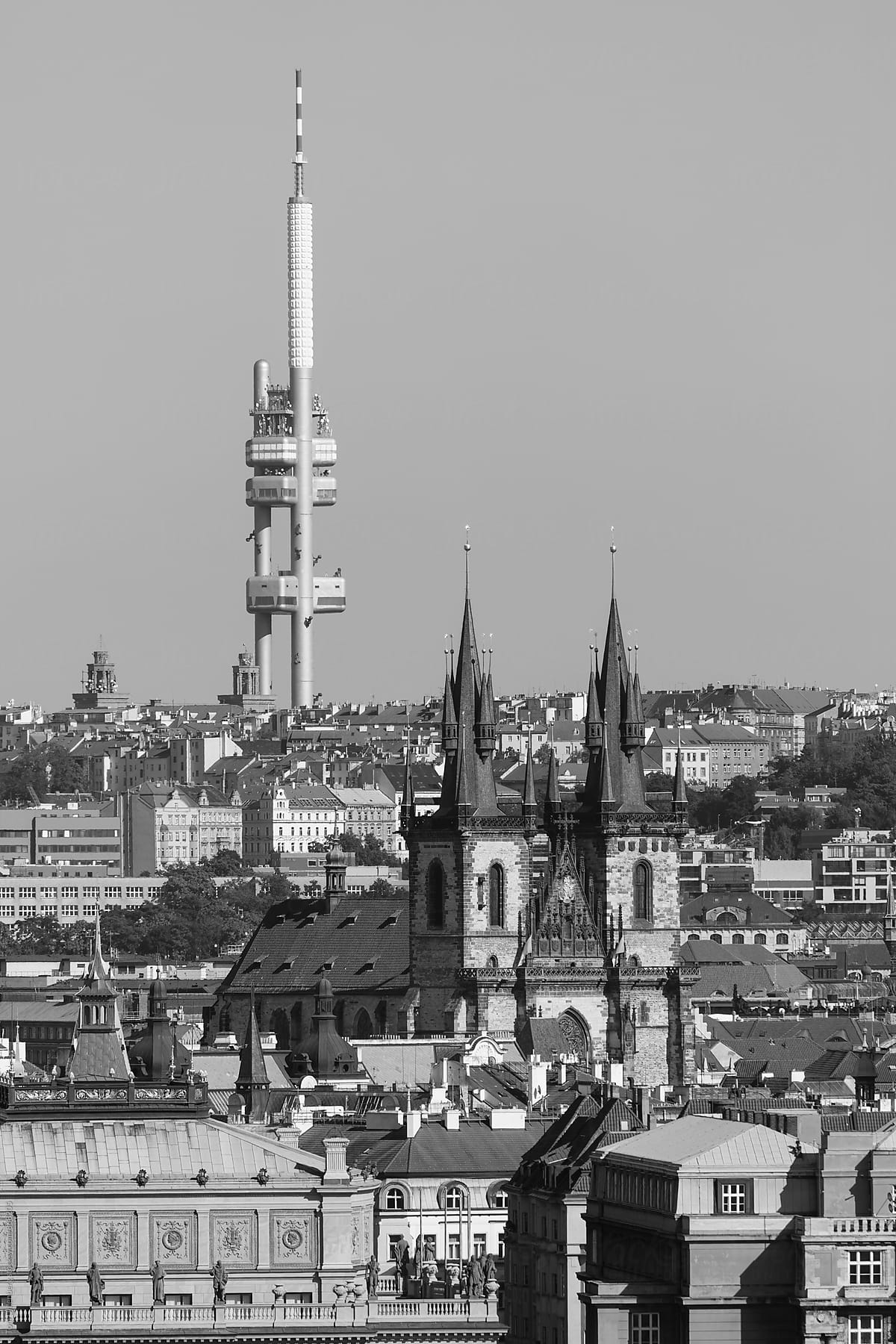 Prague, the Czech Republic - Black and White Cityscape with the Famous Tyn Church and the TV-Tower