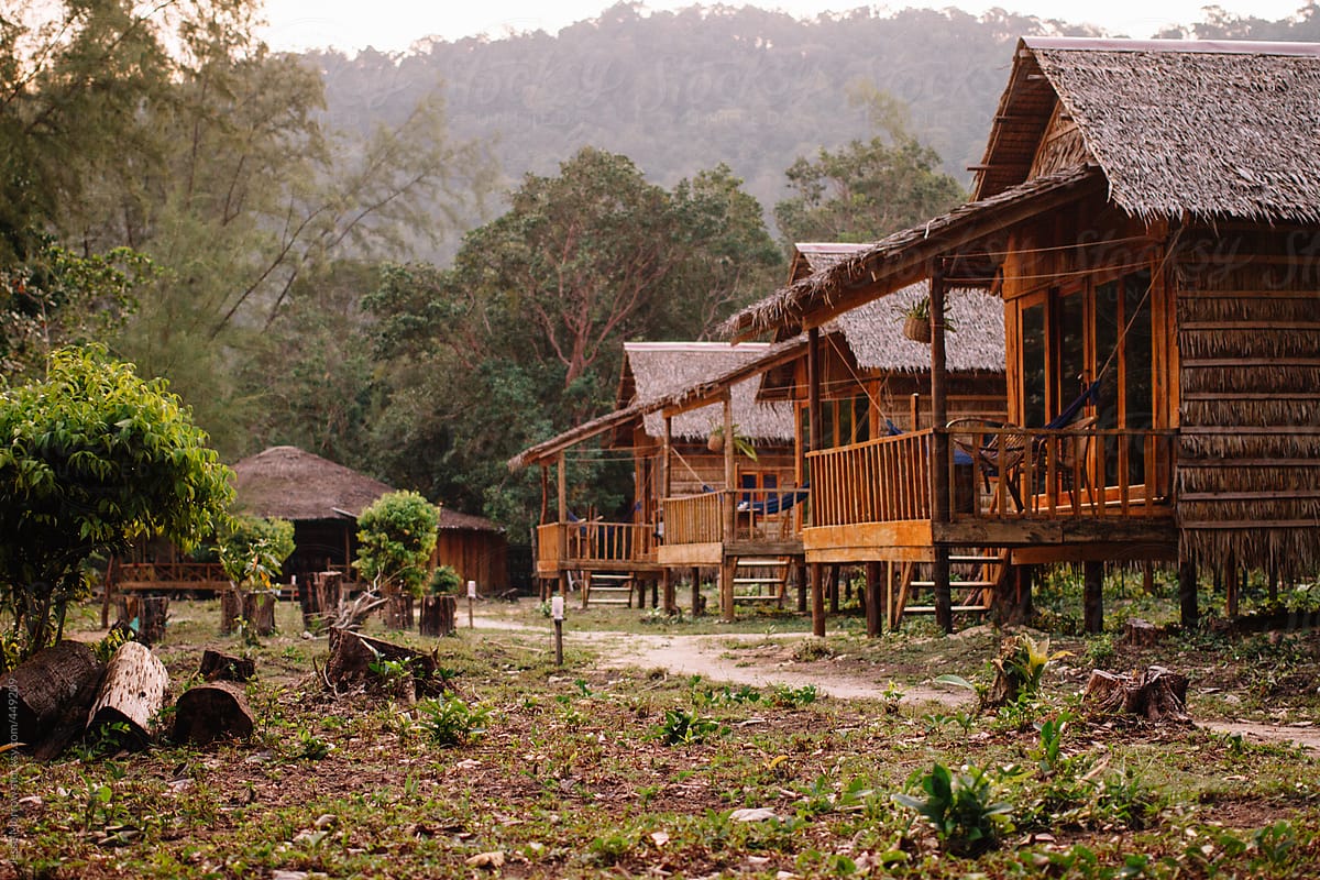 Grass huts in tropical jungle of cambodia