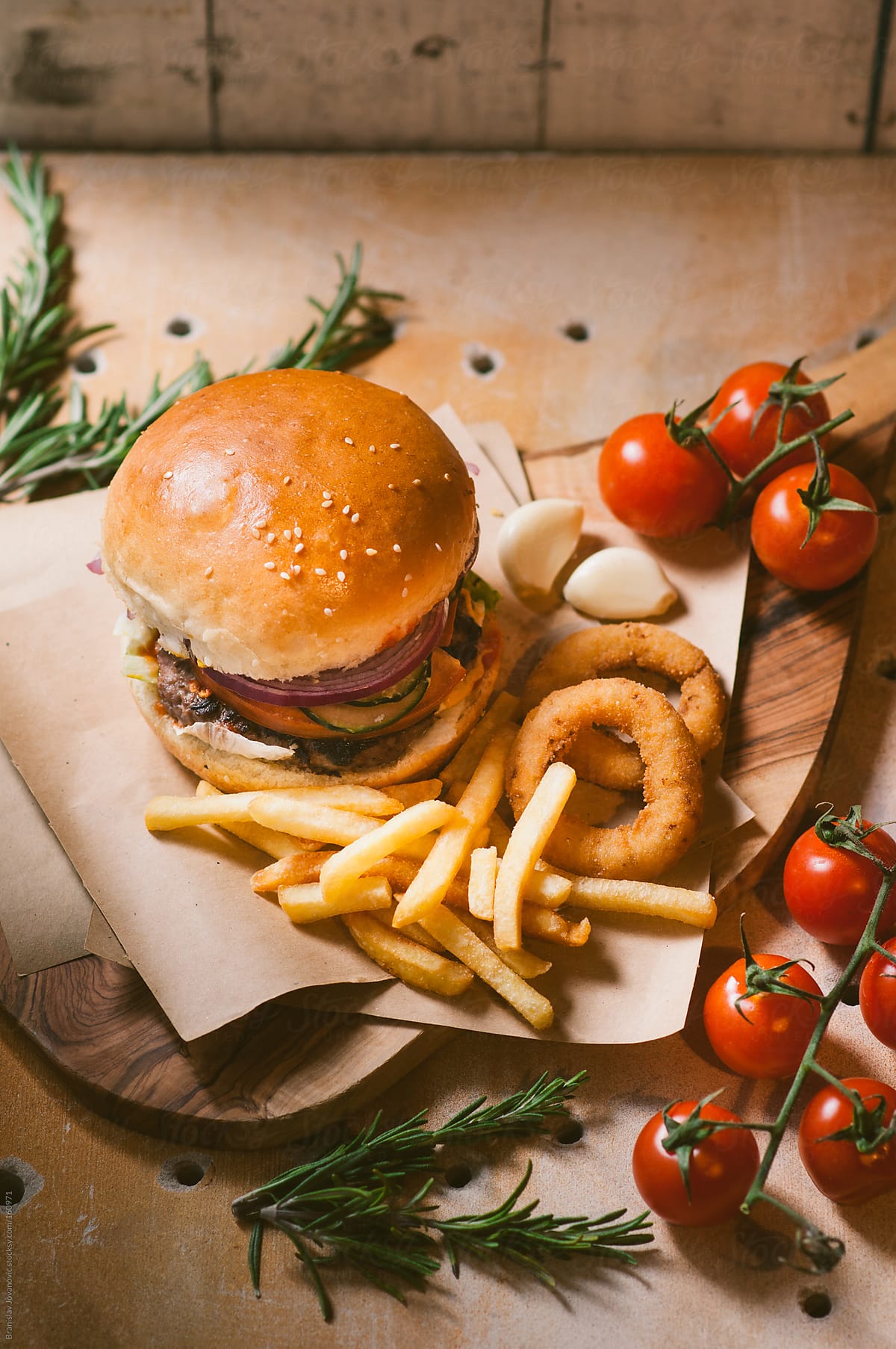 Hamburger With Fries And Cherry Tomato