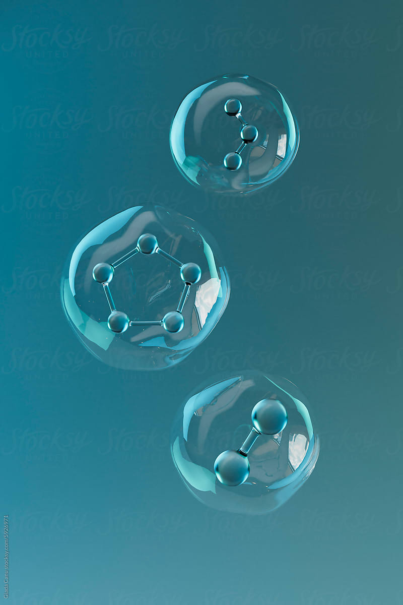 3D Render of Diverse Organic Molecules in Water Droplets