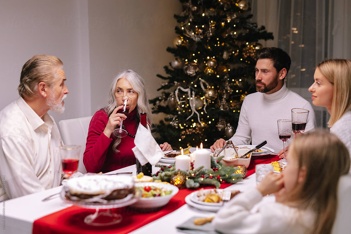 Conversation, Christmas dinner, fir tree, decoration, table, family