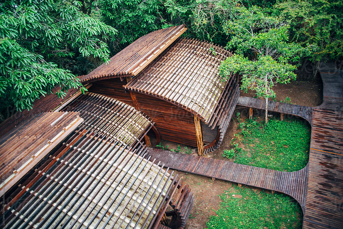 Wood hotel construction in the middle of the amazon forest from above