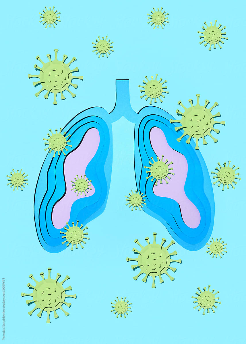 Papercraft human\'s lungs with virus molecules.