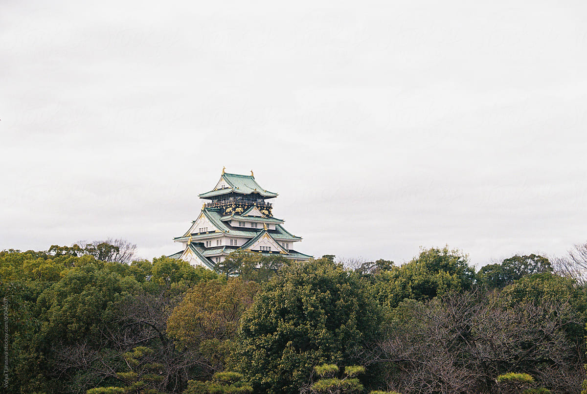Osaka castle behind the trees