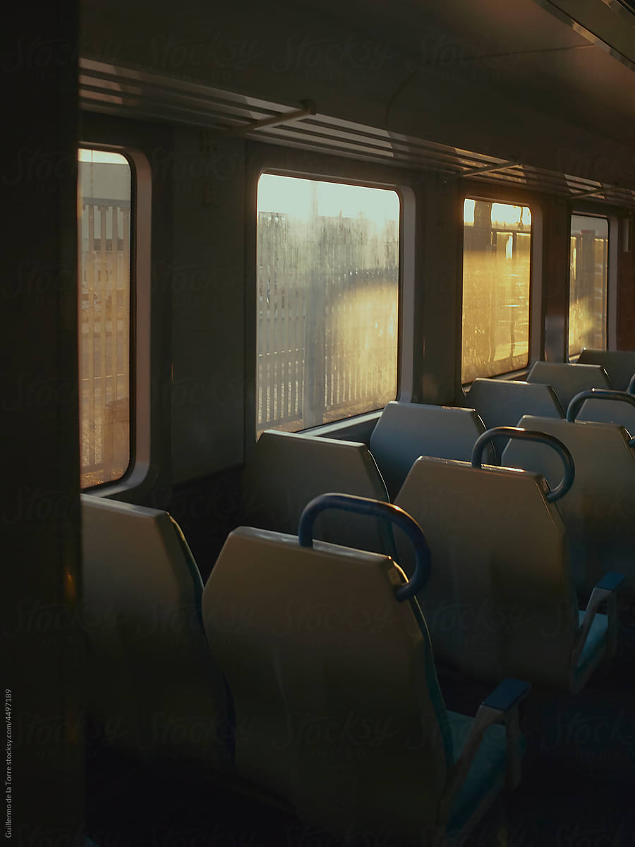 Train interior at sunset