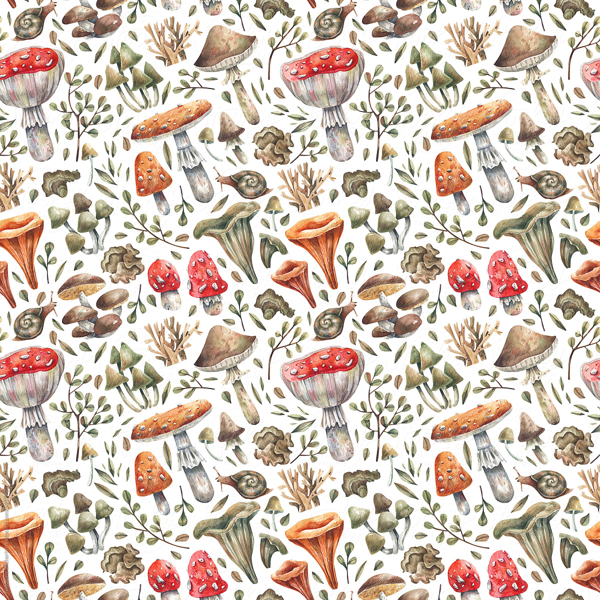 Watercolor pattern with forest mushrooms and plants