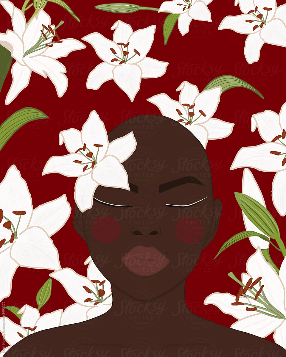 Bald black woman with flowers
