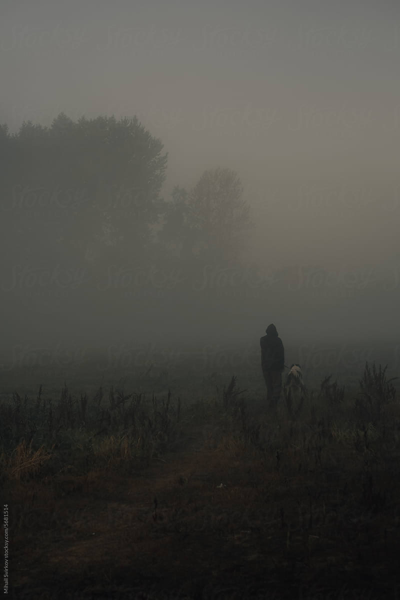 A man walks a dog down a path in a fog