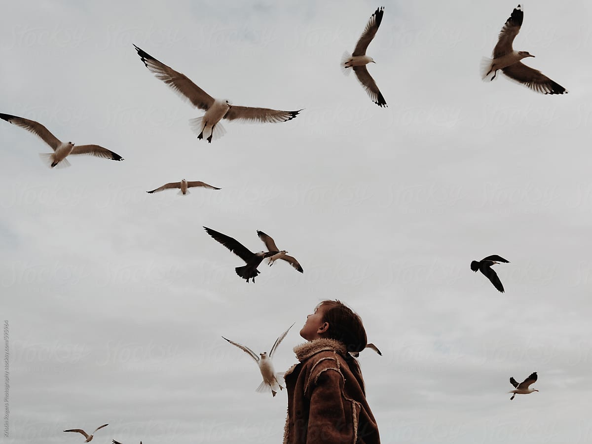 young girl staring up at birds flying above her