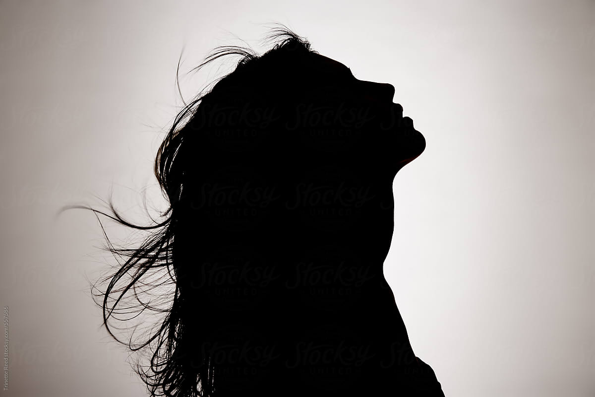 Silhouette portrait of woman with hair blowing