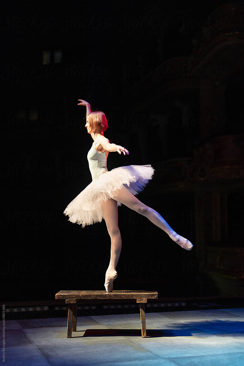 Young slim flexible girl ballerina stands in ballet tutu in pose