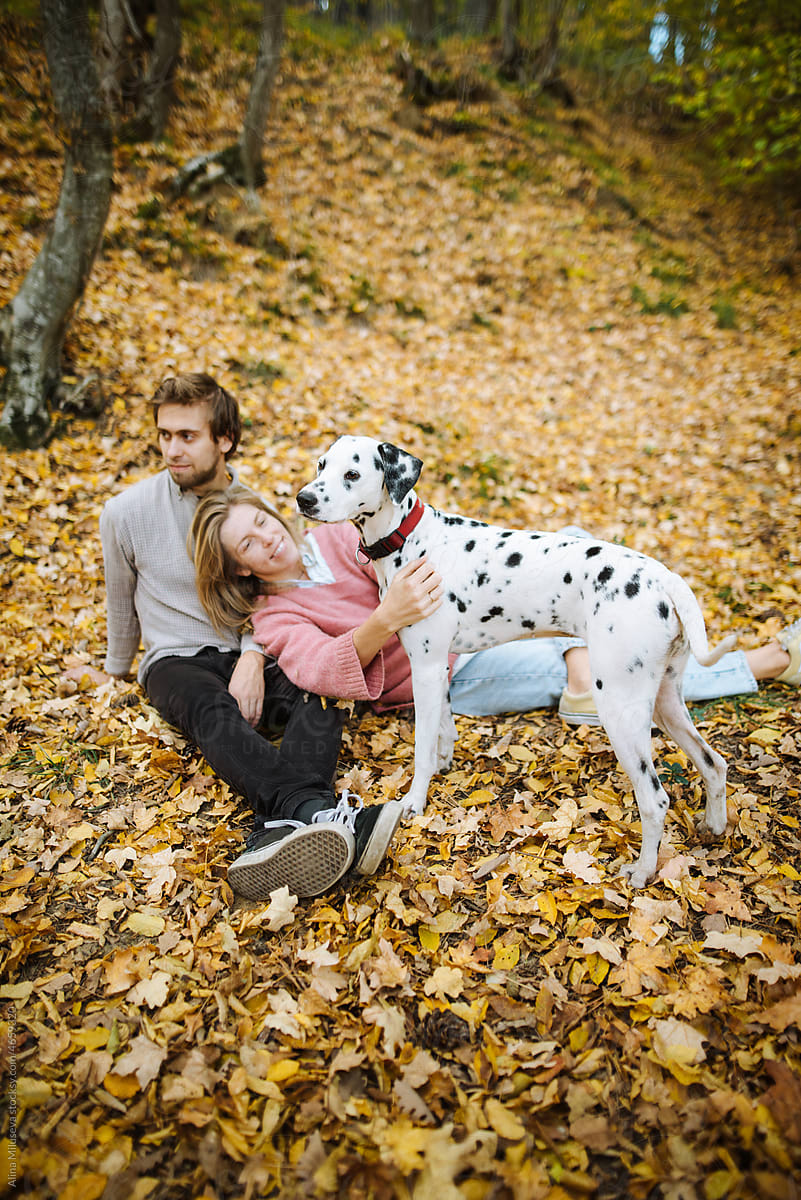 Hipster сouple with their dog sitting on fallen leaves