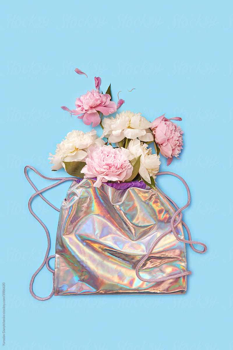 Peony bouquet in holographic foil bag