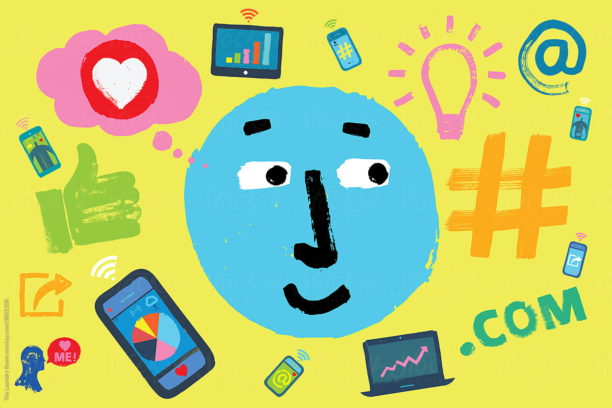 Cartoon Face surrounded by Social Media Symbols