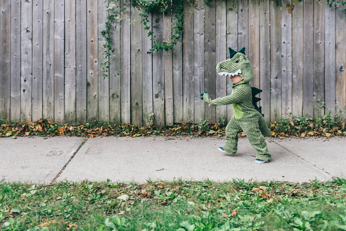 Toddler dressed as a dinosaur for Halloween