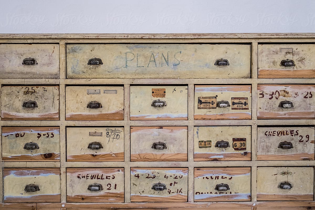 Vintage industrial storage drawers used as furniture