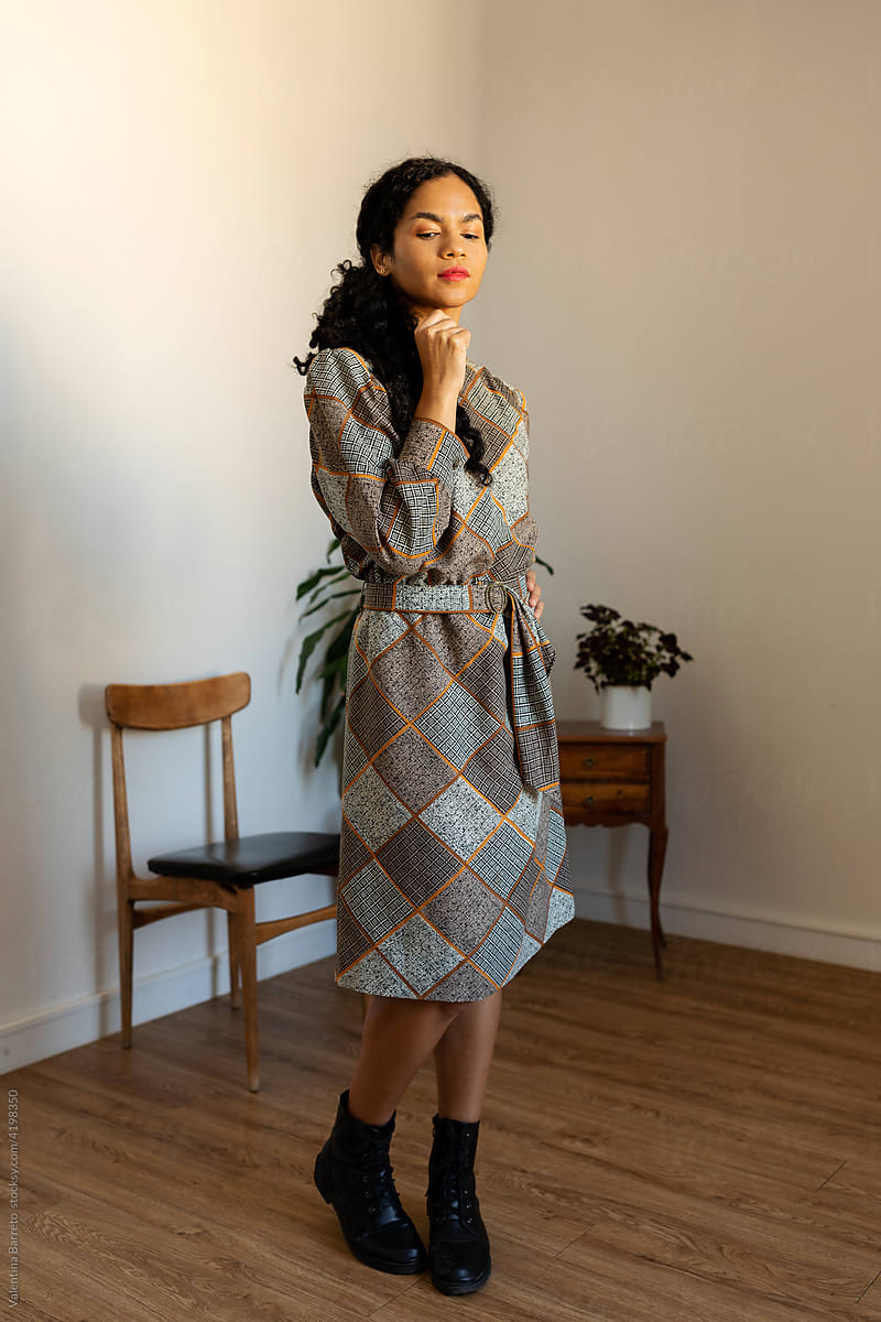 Woman with vintage geometric dress