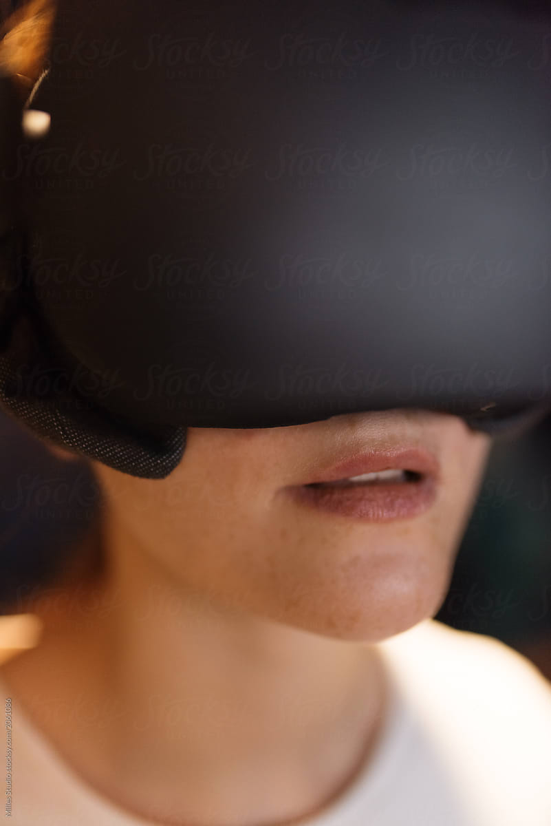 Closeup of woman in VR goggles
