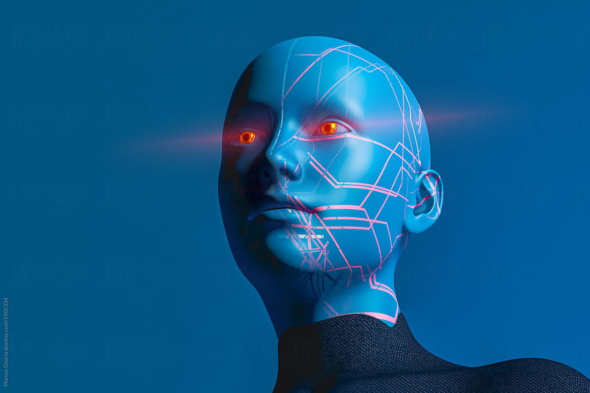 Futuristic Robot Head With Glowing Eyes Against Blue Background