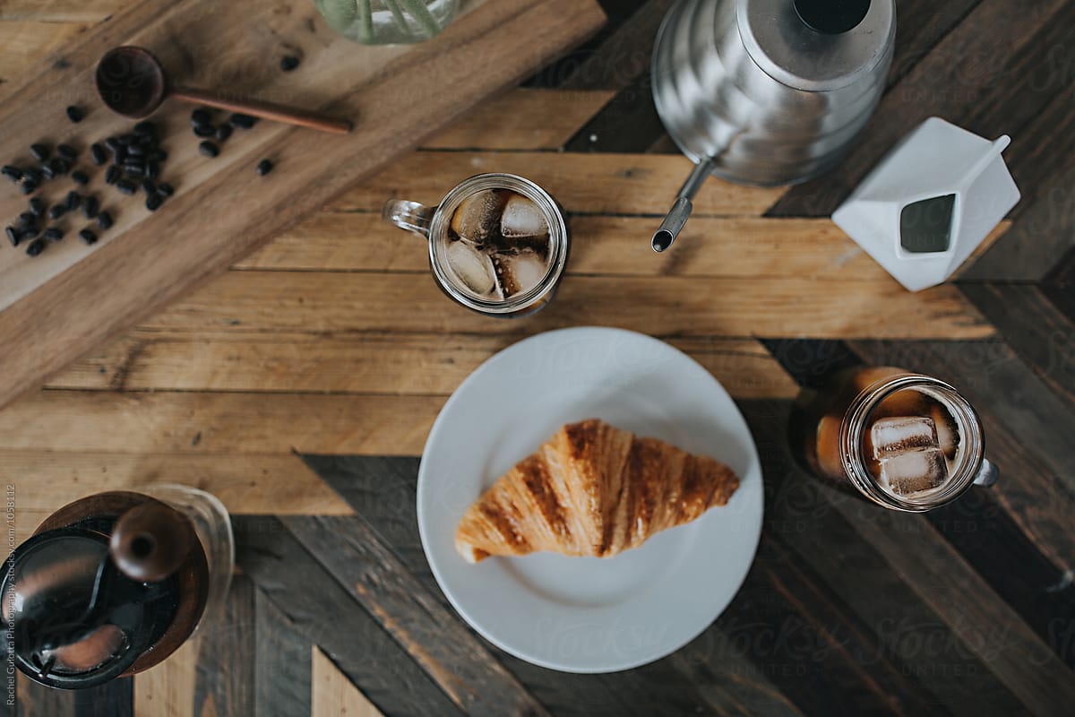 Breakfast Coffee, Flowers, Croissant Scene - Coffee Shop Vibes