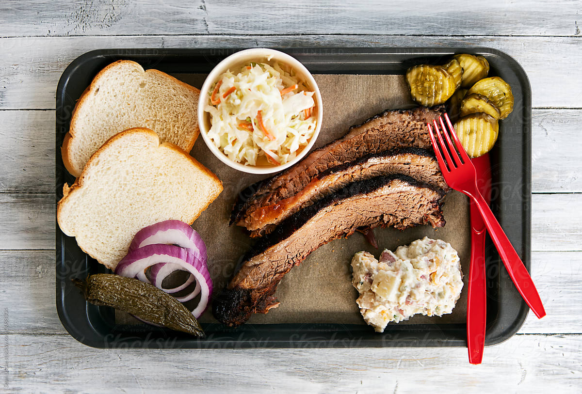 Smoked: Sliced Brisket Meal With Potato Salad And Spicy Pickles