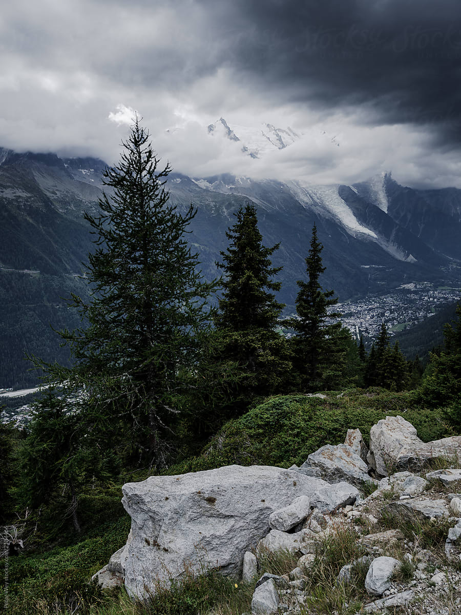 Mont Blanc mountain peak covered in dark clouds
