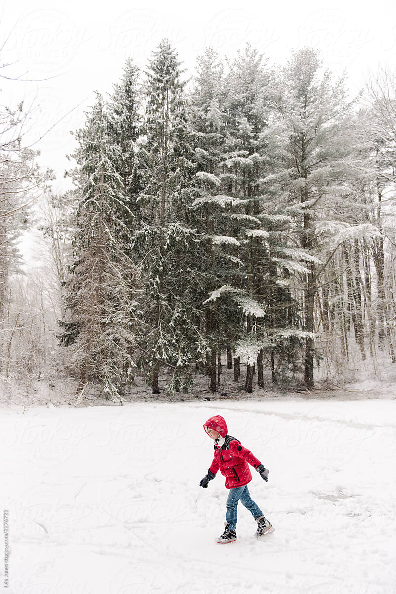 boy in red coat skating on a pond in New England