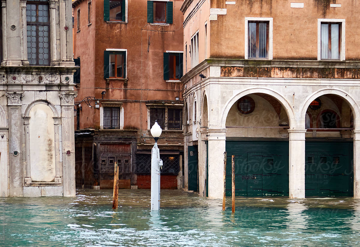 Flooded canal architecture in Venice aqua alta