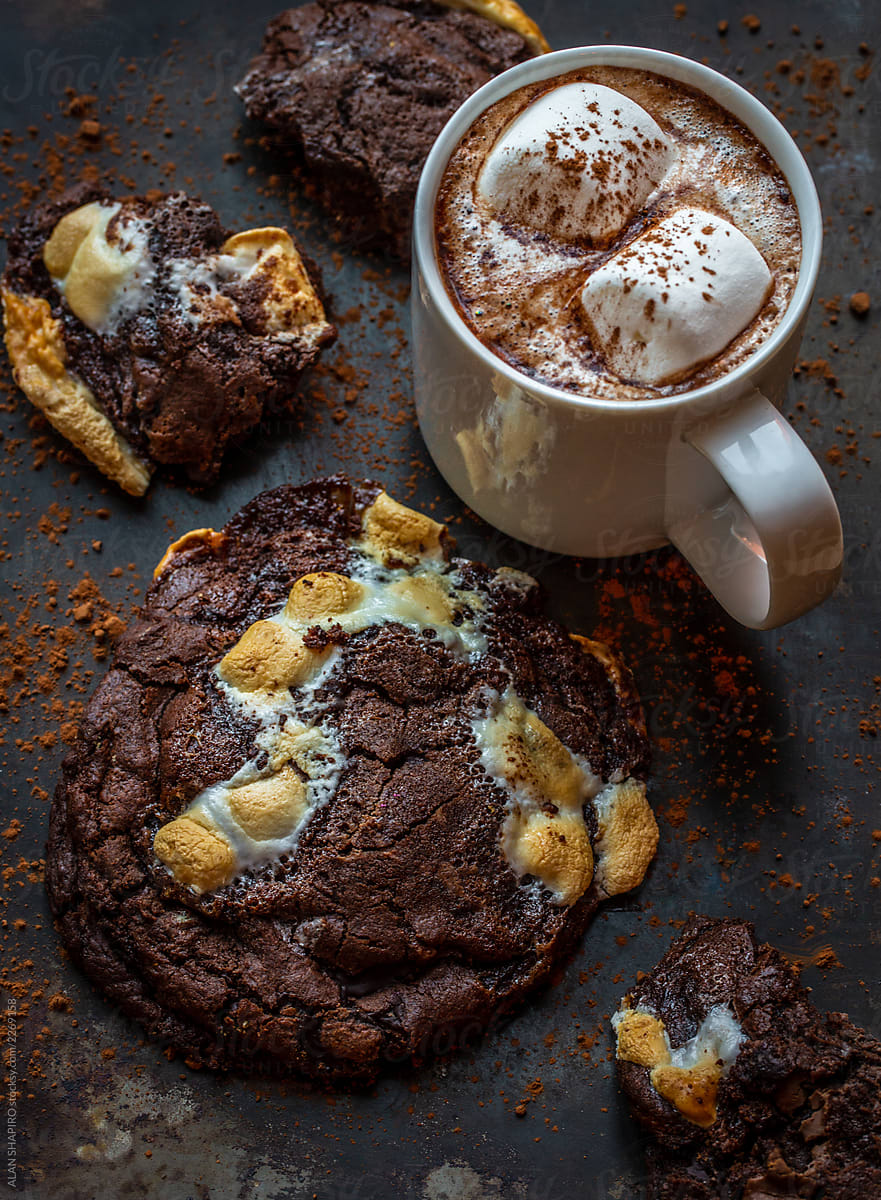 hot chocolate cookies and hot chocolate with marshmallows