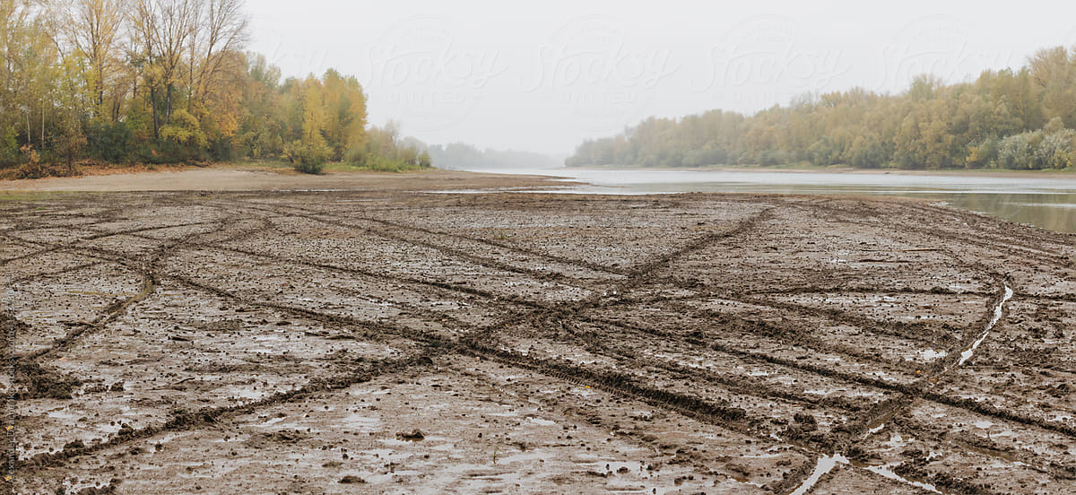 Autumn landscape with impassable mud after rain