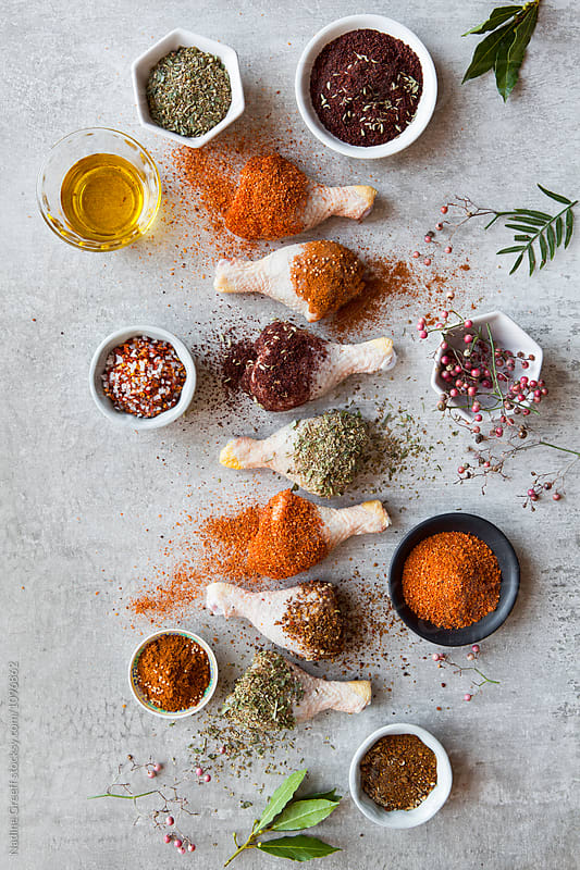 Chicken drumsticks with a variety of dry rubs, herbs and spices