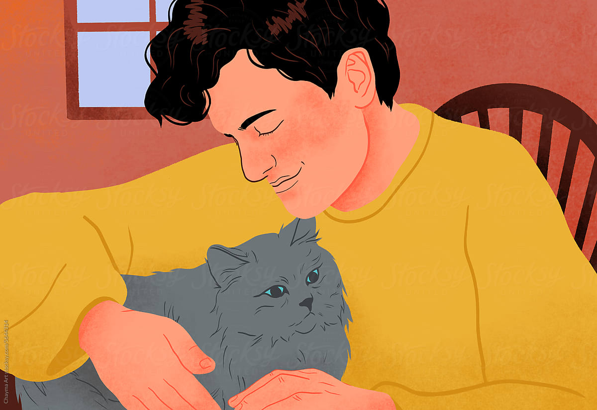 A young man takes care of his pet cat, Illustration
