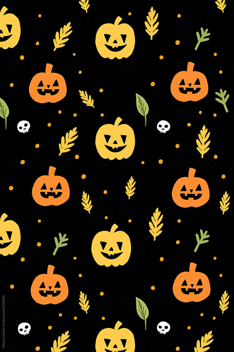 A pattern of pumpkins and skulls on a black background