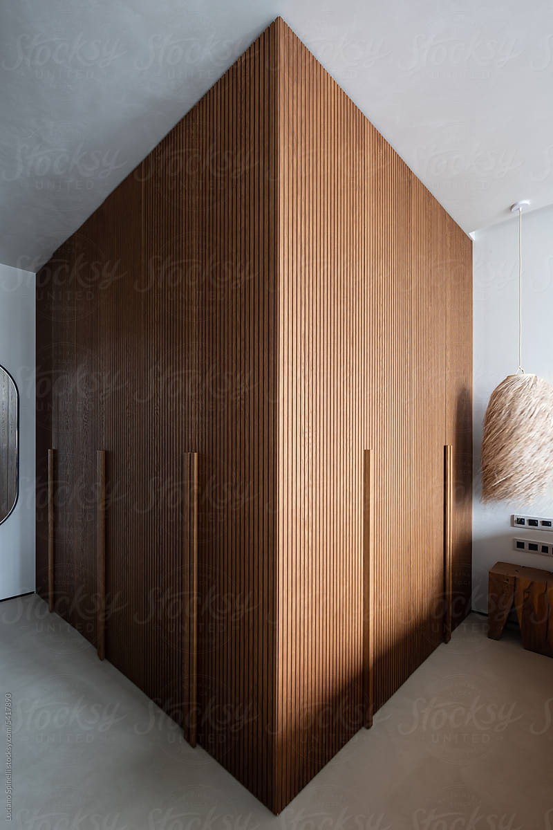 Handmade wood wardrobe in a square angle format fully visible
