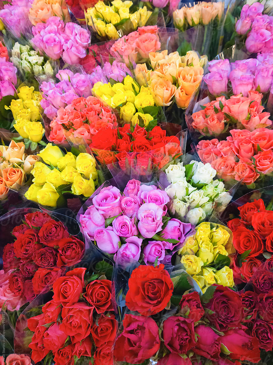 Various premade flower bouquets in a shop