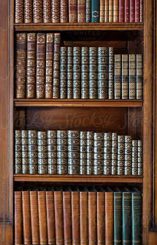 Books organized on old library shelf