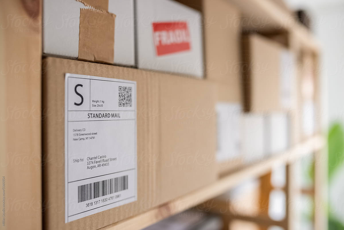 Parcels placed on shelves in logistic office