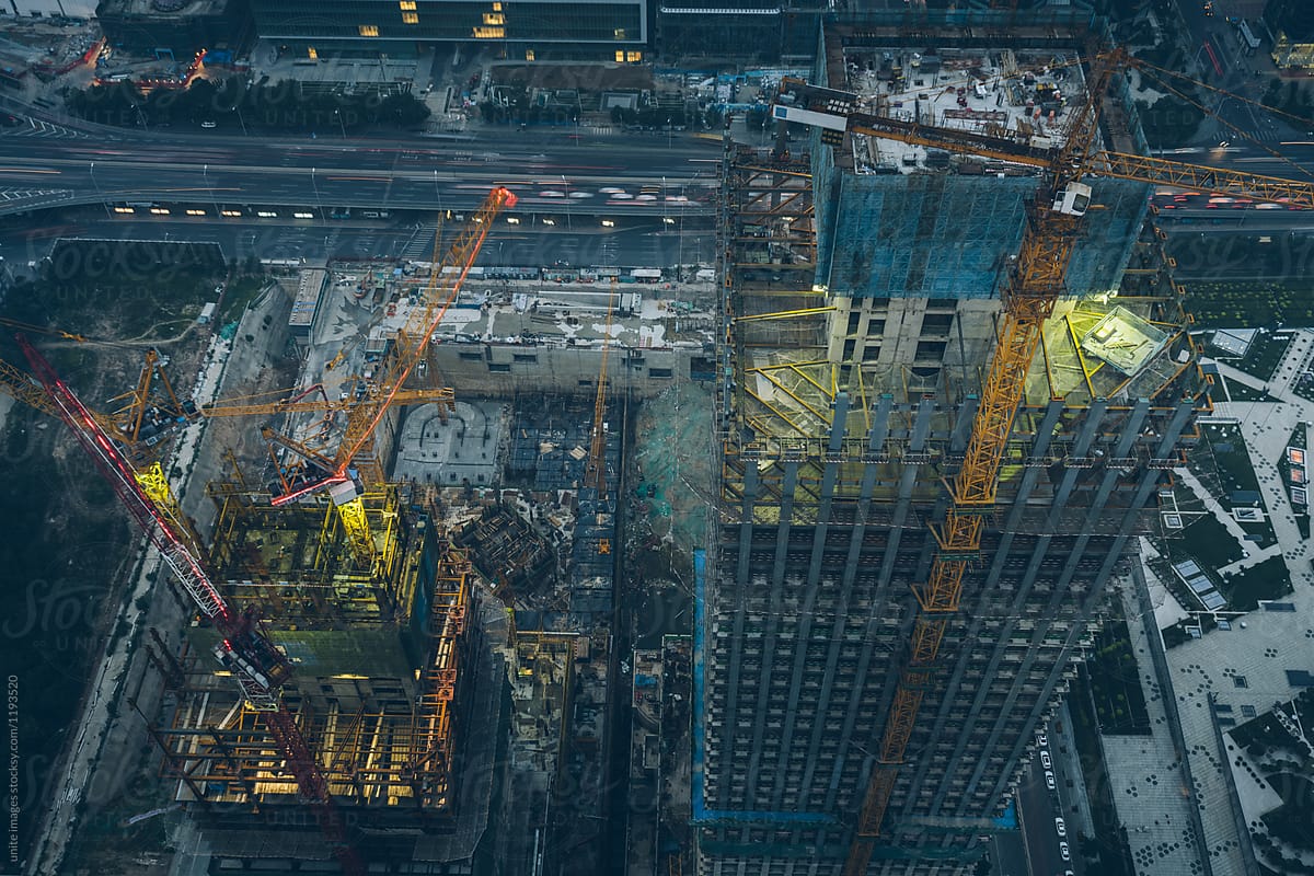 high angle  view of Construction site with cranes