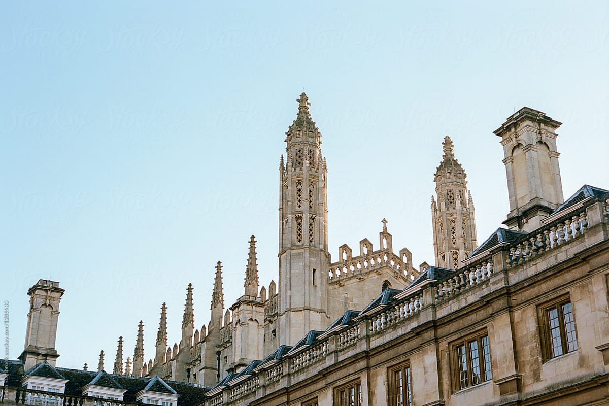 Ornate roofs of Cambridge buildings. Film scan.