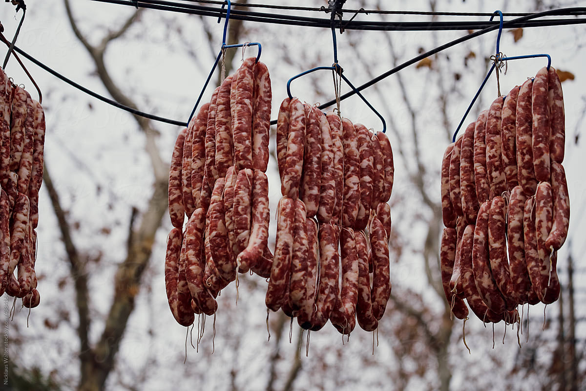 Sausage Hung Out To Dry At A Street Food Market