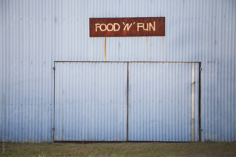 old corrugated tin shed with food n fun sign