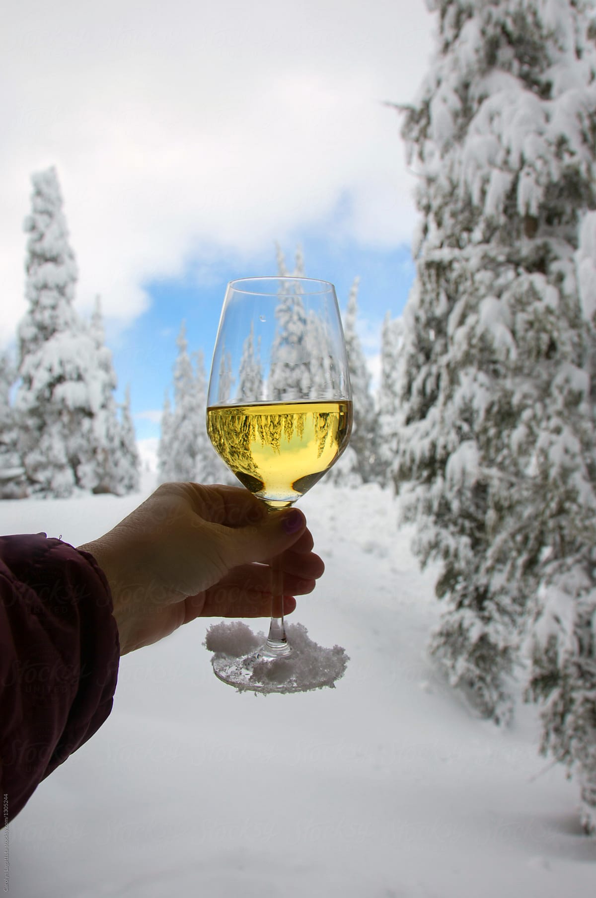 Person holding a glass of white wine up in the snowy Sierras