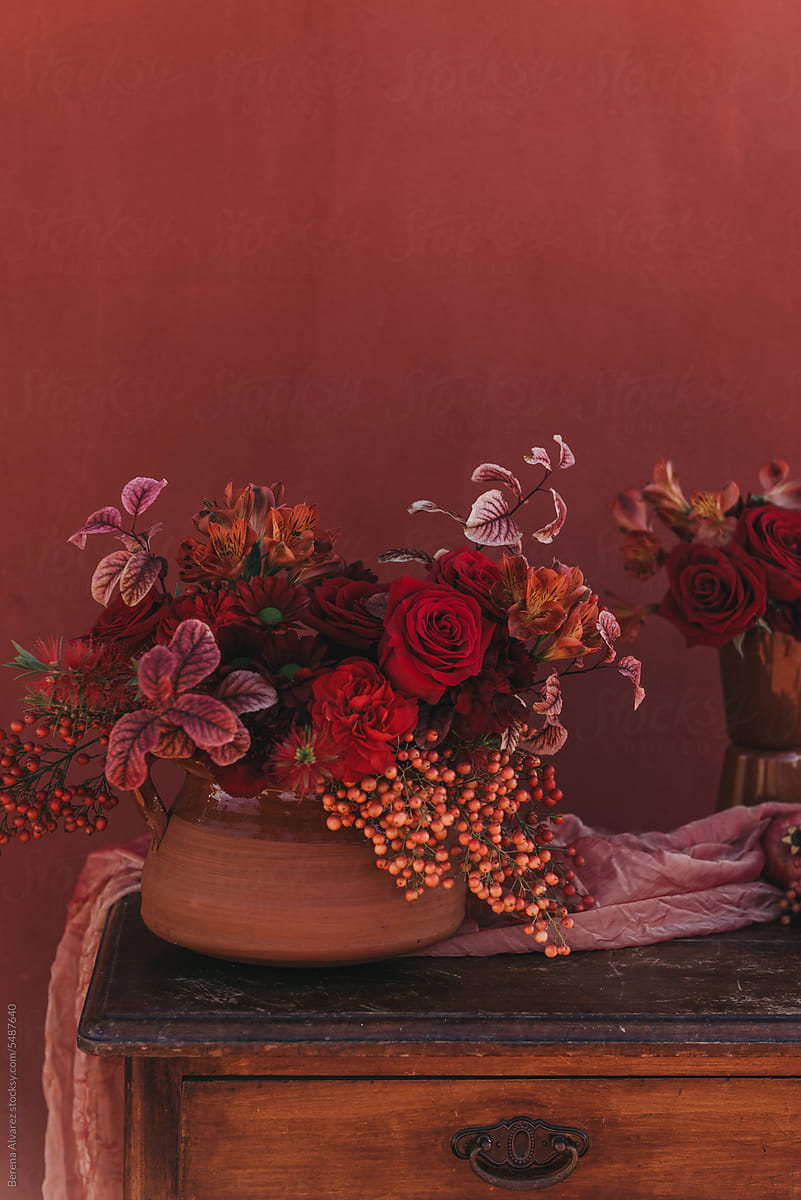 floral still life in red tones