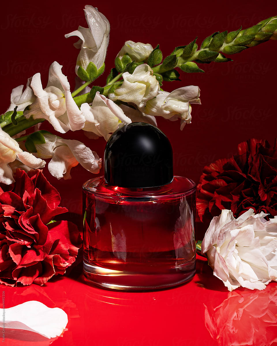 Red Perfume Bottle with Florals
